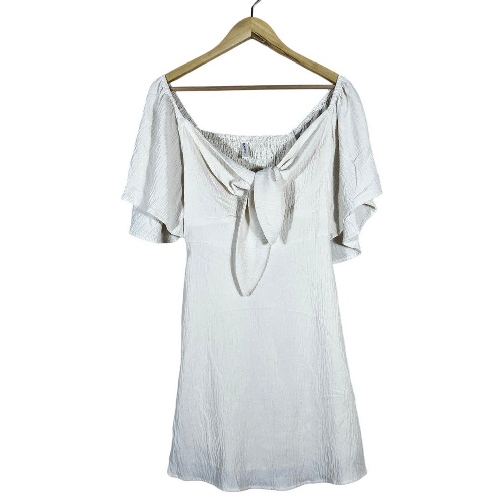 Dokotoo Tie Front Solid Mini Dress Off White Boho Flutter Sleeve Size S